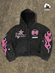 Men's Regular Fit Star & Fire Print Zip Up Hoodie, Graphic Print Hoodie, Casual Comfy Long Sleeve Hooded Outerwear for Spring & Fall, Fashion Men's Clothes for Daily Wear, Sweatshirts, Cotton, Casual Pullover Hoodies