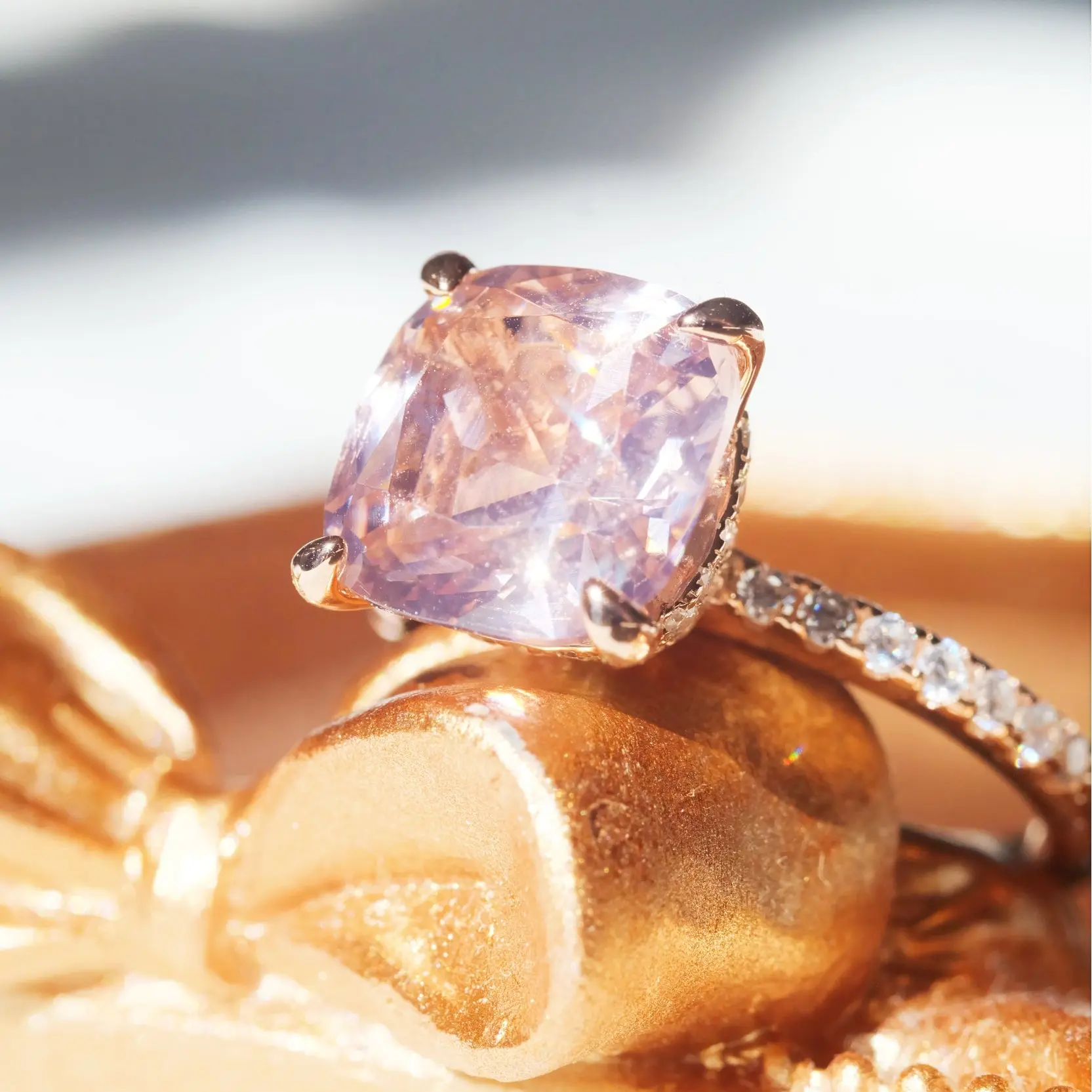 Pink Morganite Square Ring 925 Sterling Silver 18K Gold Plated Synthetic Zircon Imitating Morganite
