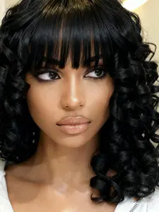 Glueless Long Fluffy Curly Wigs for Women, Soft Gorgeous Loose Wig with Straight Bangs, Synthetic Wigs for Daily Vintage and Costume Party Use（20 Inch）, Glueless Hair Wigs