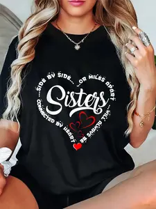 100% Cotton Side By Side Or Miles Apart Sisters Connected By Heart T-Shirt