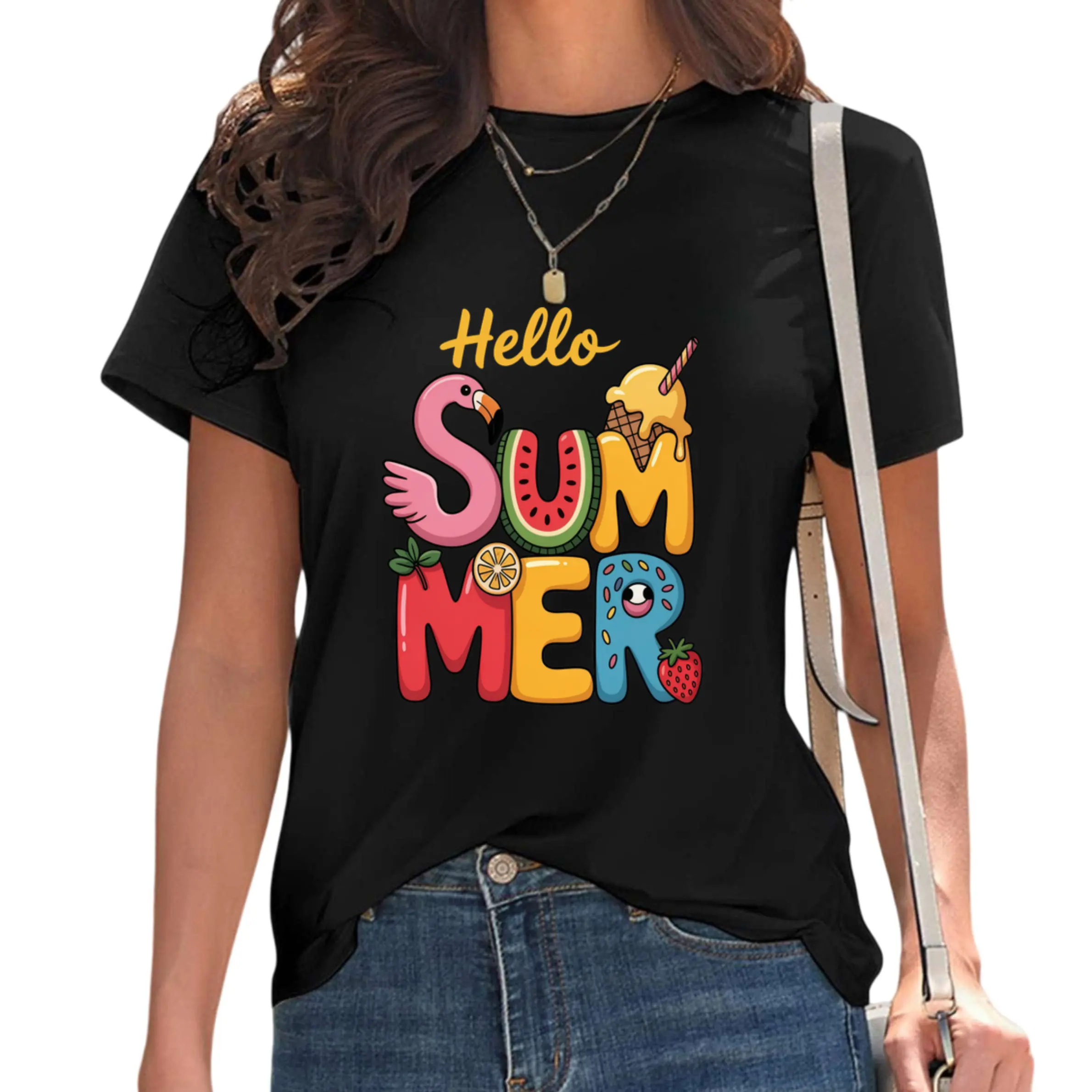 Casual Summer Style Women's T-Shirt Hello Summer With Flamingo Watermelon Ice Cream And Strawberry Design Perfect For Beach Vacation And Warm Weather Ideal Gift For Friends And Family