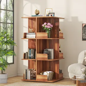 Semoic 4-Tier Rotating Bookshelf, 360 Degree Rotation Wooden Bookcase,Floor Standing Revolving Bookshelf, Space Saving for Living Room Bedroom
