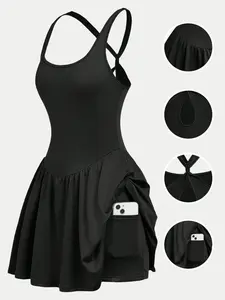 Women's Sleeveless Two-In-One Sporty Tennis Golf Dress, Fitness Workout Dress with Shorts Pockets, Waist Cinch Design, Dual Layer Lining Set, Workout Athletic Dresses, Tennis Sports Dress, Tennis Attire, Workout Exercise Dress, Workout Active Dress