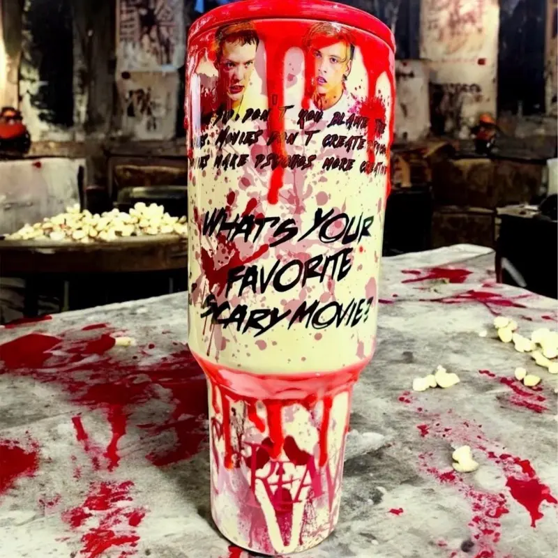 40 oz Scream Movie Inspired Water Bottle, Iconic Quotes, Blood Drip Lid, Beverage Drinkware - Perfect Gift for Horror Fans