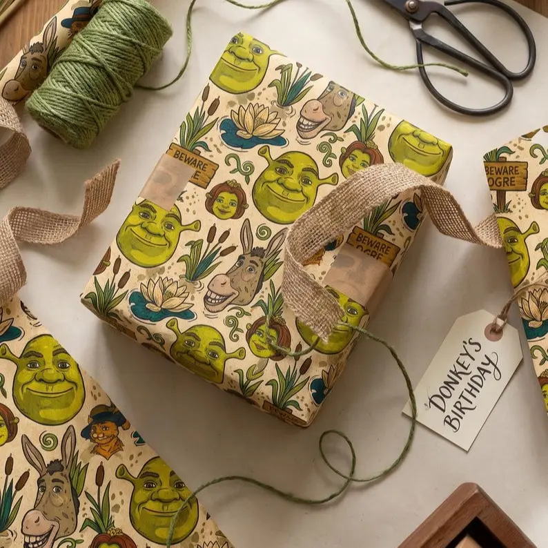 Ogre Fairytale Swamp Wrapping Paper, Donkey Princess Cat Pattern