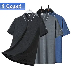 Men’s 3-pack functional polo shirts, breathable quick-dry fabric, classic contrast color turn-down collar, regular fit, wrinkle-resistant design, suitable for business casual, sports, and everyday travel