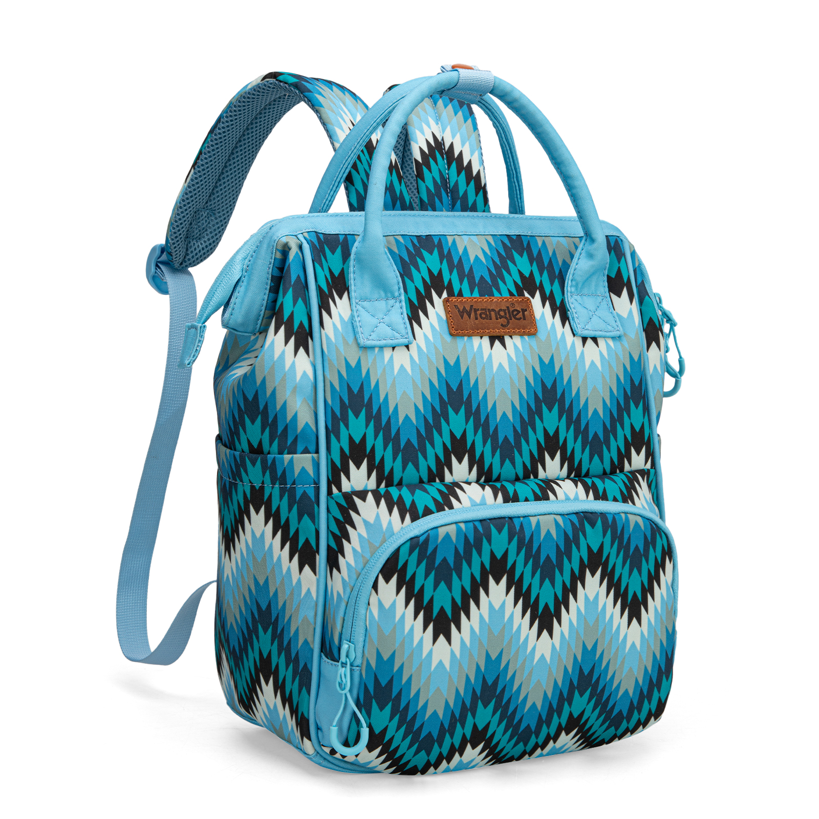 Wrangler Aztec Callie Diaper Bag Backpack New Collection Dual Sided Southwestern Style Durable Canvas with Leather Logo Top Handle Front Zippered Pock