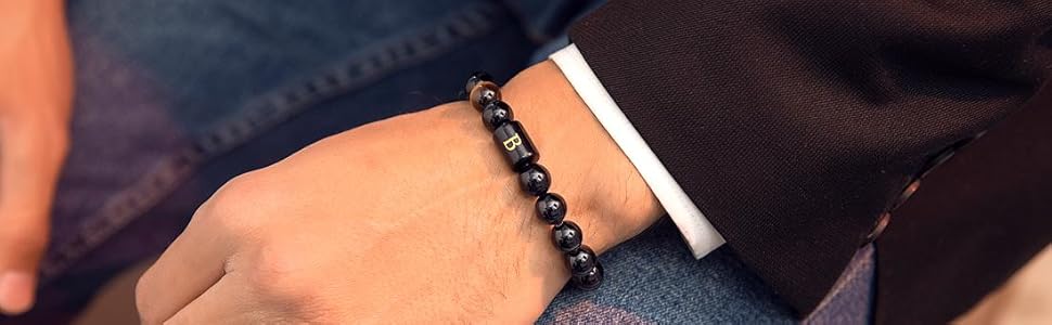 Initials Bracelets for Men Letter Link Handmade Natural Black Onyx Tiger Eye Stone Beads Braided Rope Meaningful Bracelet