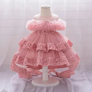 Kids Girls Tulle Ball Gown Shiny Sequins Round Neck High Low Party Dresses for Birthday Wedding Dress