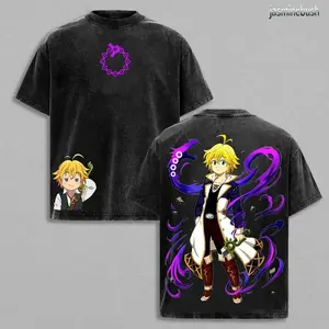 Meliodas Vintage Washed T-Shirt, Seven Deadly Sins Anime Tee, Oversized Heavy Cotton Streetwear, Retro Manga Hero Graphic Top, Gift for Anime Fans 5SS