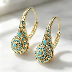 Gold Turquoise Evil Eye Hoop Earrings| Teardrop Pave Dangle Hoops| Statement Jewelry Gift