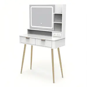 Compact 31.5 Inch Vanity Desk with LED Lighted Mirror, 3-Color Lighting Modes, 2 Drawers, Storage Shelves, Built-in Power Outlet – Modern Makeup Dressing Table for Bedroom