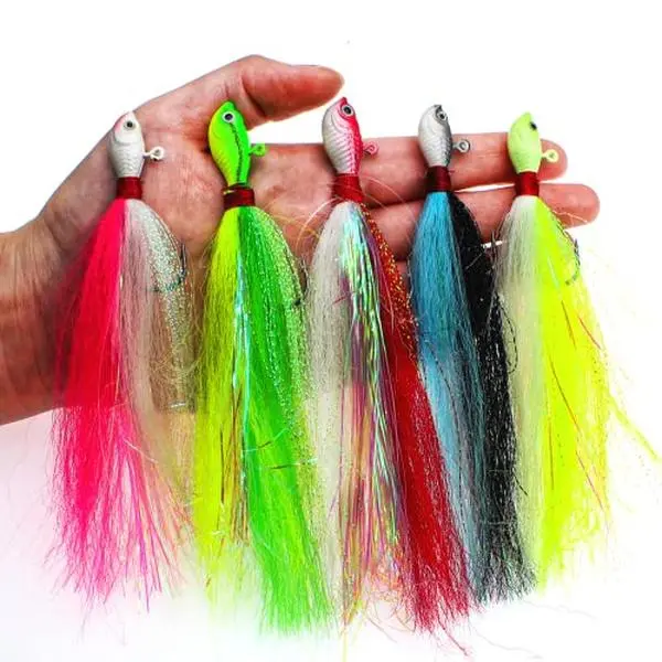 5PCS 1.06oz Fishing Hair Jigs, Synthetic Flash Hair Jig Head Lures, 6.5in Saltwater Jigs for Striped Bass, Bass & Inshore Fishing