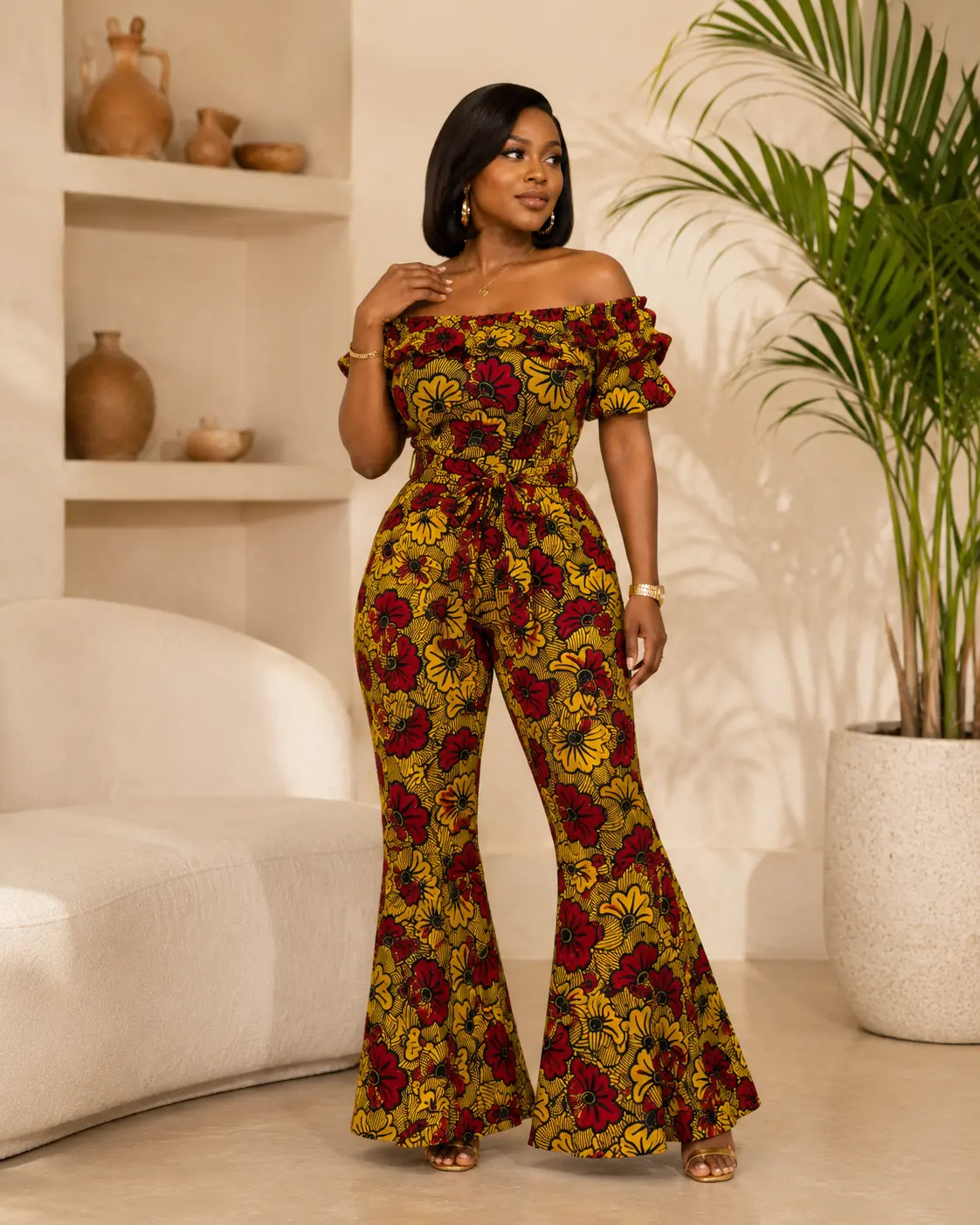 Women's African Floral Print Overalls - Off-Shoulder, Ruffled-Sleeves, Flared-Leg Jumpsuit with Elegant Ankara Fabric for Wedding Events