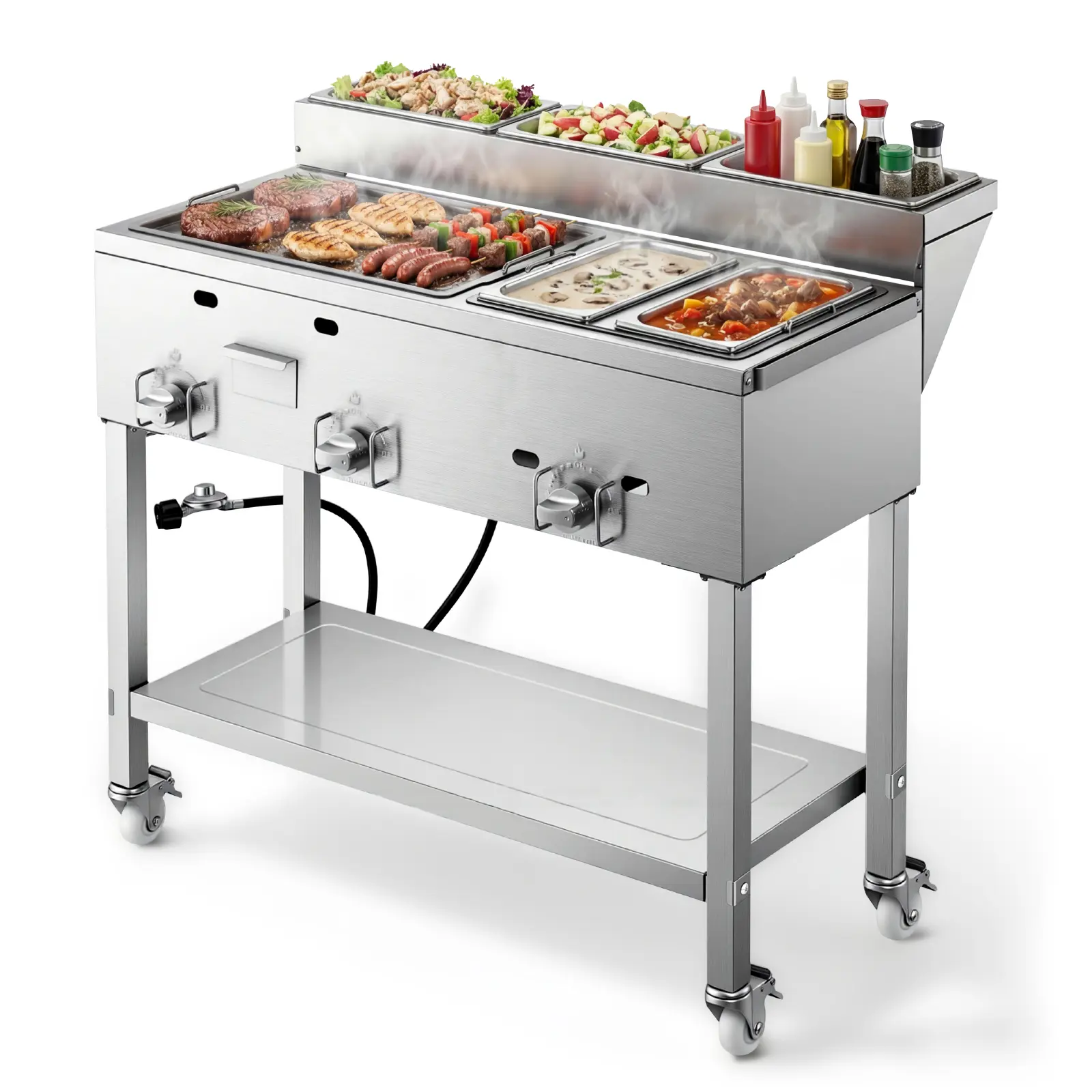 VEVOR Sturdy 3-Burner Propane Griddle - Commercial Stainless Steel Outdoor Cooking Equipment, 11600 BTU Each, 2 x 1/3 Size Food Warming Pans, Portable Cart with 4 Lockable Wheels & Handles, for Grilling Outdoor Cooking, Barbecue