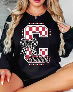 Checkered Cardinals Game Day Shirt ,School Spirit Tee, Mascot Pride Hoodie ,Coquette Bow Sports Shirt for Cardinal Fans