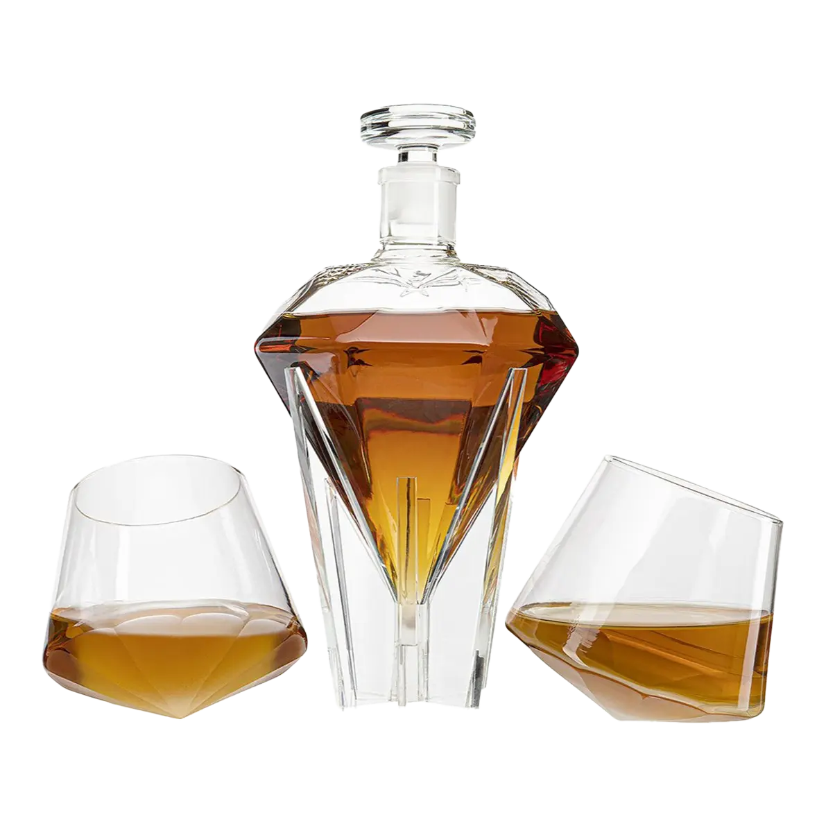 Crystal Decanter Set with Diamond-Shaped Stopper and Two Glasses Crystal Decanter Set with Diamond-Shaped Stopper and Two Glasses