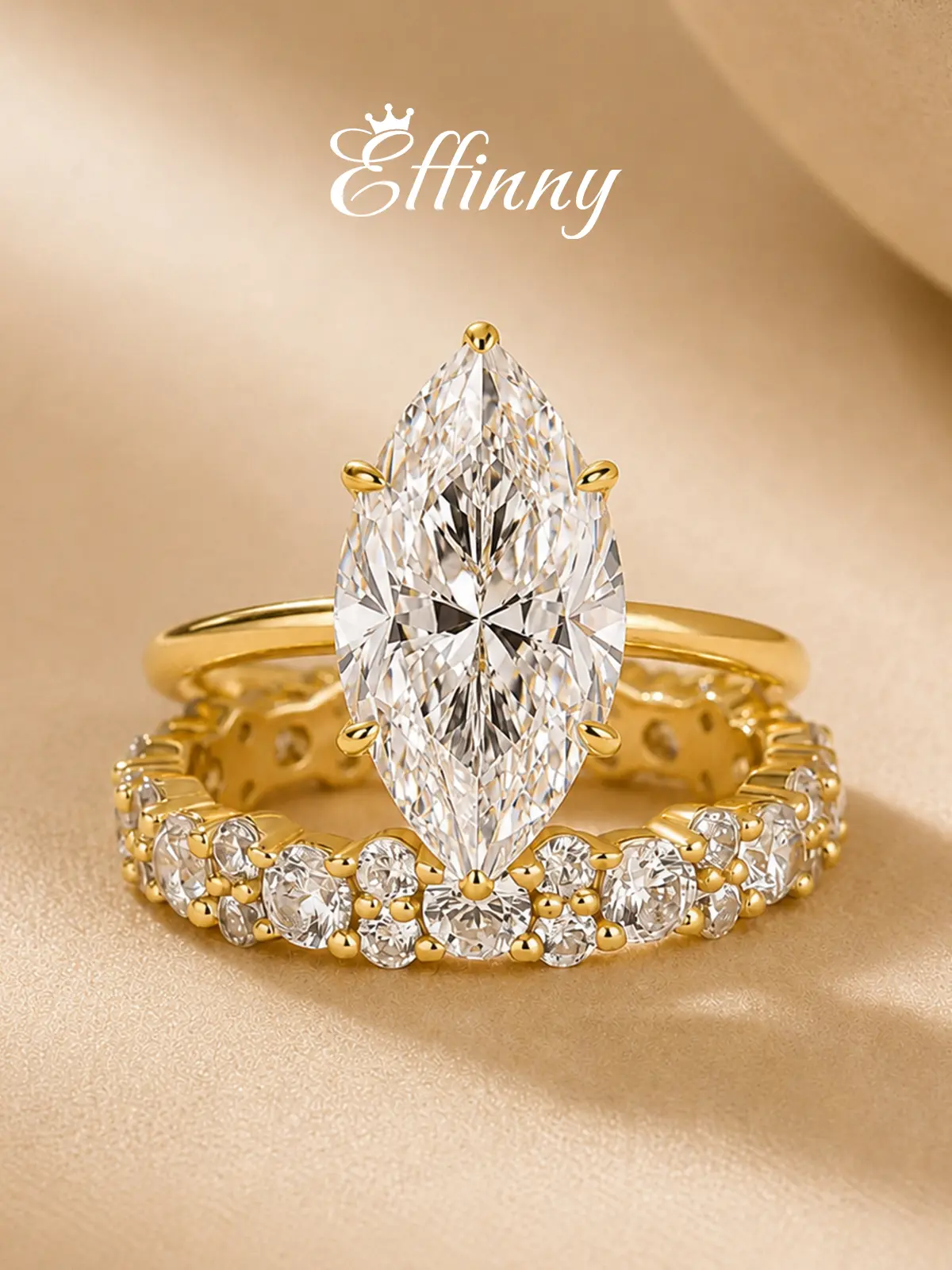 Effinny 14K Gold Plated Marquise Cut Solitaire 3.5ct Wedding Ring Set With Full Eternity Band, Trendy Fashion Promise Jewelry, 5A CZ Bridal Rings Set, Anniversary Ring for Women
