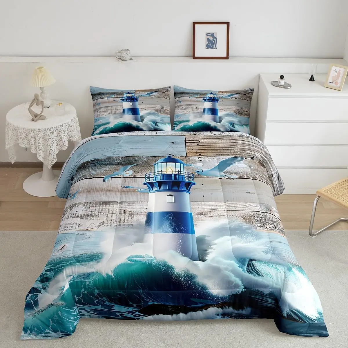 Feelyou Microfiber Lighthouse Comforter Set - Teal Retro Nautical Ocean Waves Bedding, Marine Beach Quilt Bed Set, Multi-Size Microfiber Bedding with Lightweight Warmth, Anti-Clumping Fill, Travel-Friendly