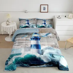 Lighthouse Comforter Set,Sea Ocean Waves Bedding Set,Nautical Bedroom Decor Teal Marine Comforter Set,Retro Vintage Style Coastal Beach Quilt Bed Set