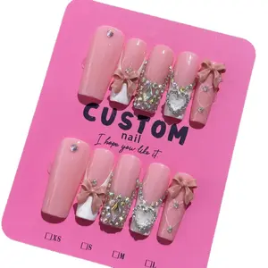 Hailey's square pinky bows shiny gems french tips luxury acrylic handmade press on nails A20