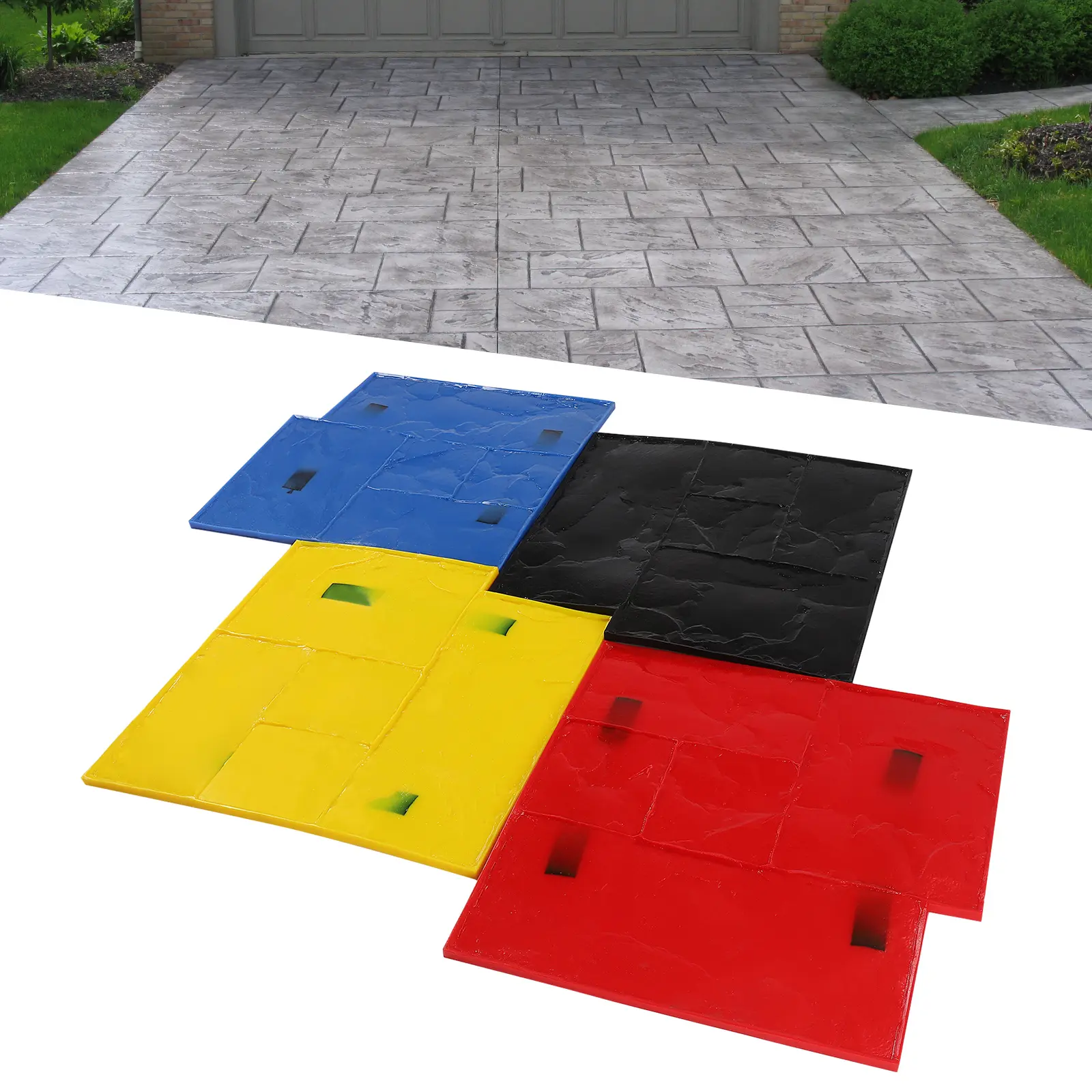 CNCEST Modern PU Concrete Texturing Skin Set, 4PCS 24x24in Polyurethane Stamping Mats with Impact Resistance, Durability, Realistic Stone Pattern for Walls, Floors (Blue, Red, Yellow, Black)