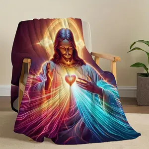 Contemporary Jesus Throw Blanket, Machine Washable, Multicolored Light Stream Pattern, Sacred Heart Theme, All-Season Comfort, Multipurpose Knitted Polyester Blanket