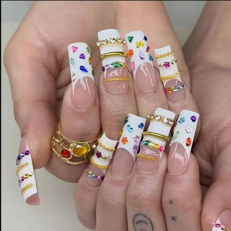 Handmade White French Tip Press On Nails Long Coffin, Colorful Rhinestone Gem Chain False Nails, Luxury Bling Y2K Nail Set, Glossy Gel Acrylic Press On Nails, Reusable Statement Nails, Gift for Women and Girls
