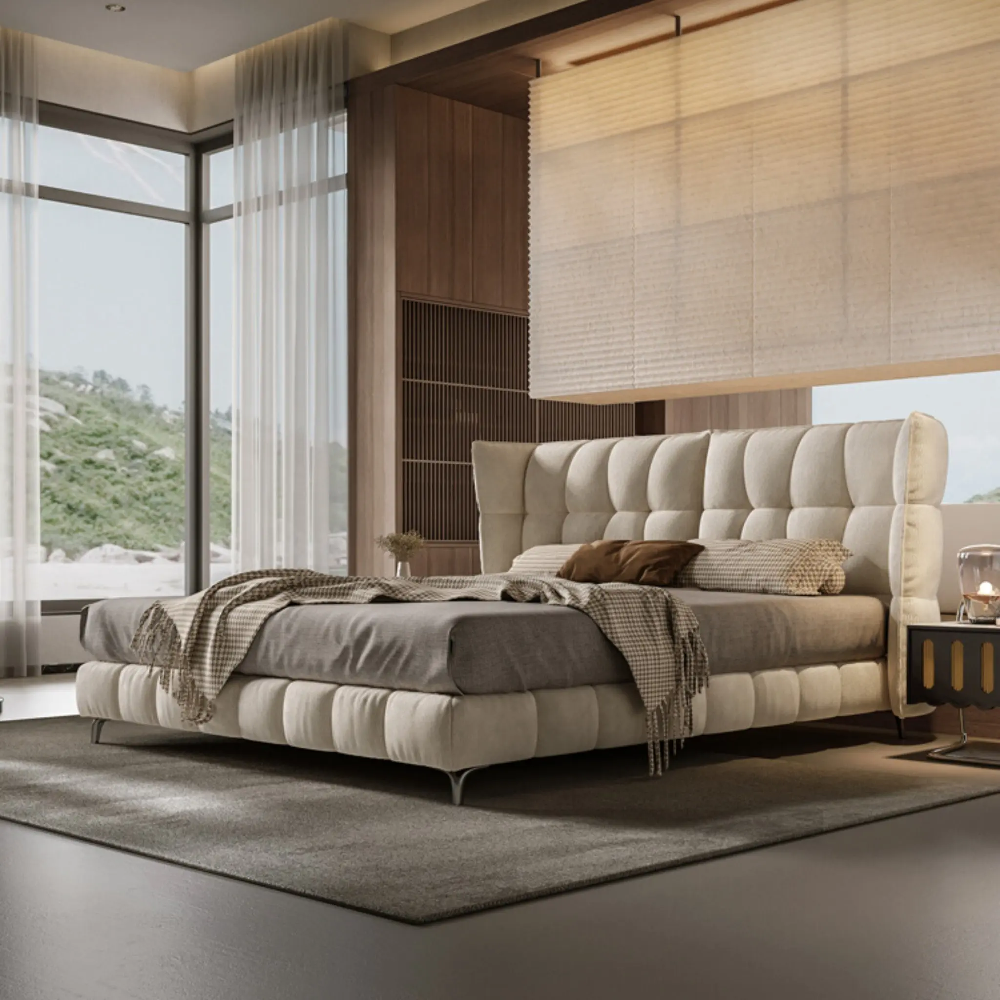 Modern Chenille Upholstered Bed Frame with Headboard