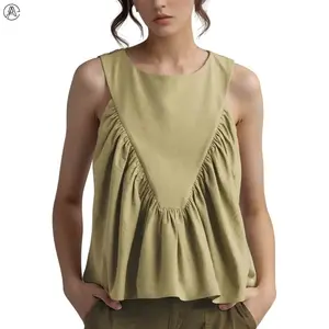 Women's Peplum Top Shirt Swing Tank Top Folded Flower Tank Top Casual Sleeveless Top Loose Ruffle Edge Shirt