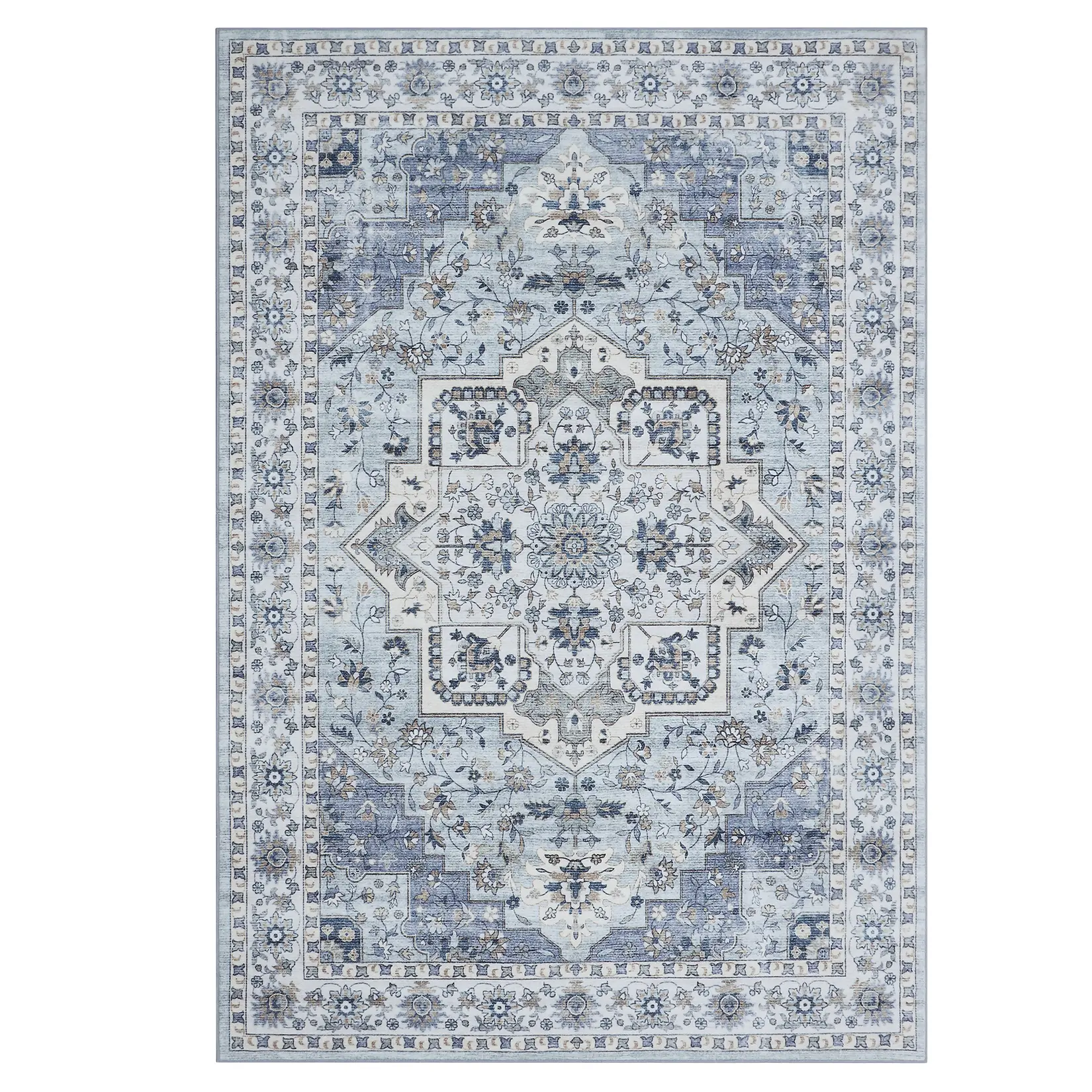 Garvee Washable Vintage Area Rug, Oriental Medallion Floral - Low-Pile Thin Collapsible Carpet - Non-Slip Backing Indoor Floor Mat - 8x10 ft, Blue