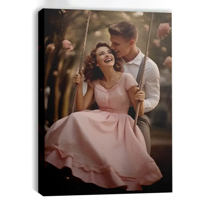 1 Piece Framed Vintage Romantic Couple Canvas Poster - Swing Scene with Soft Pink Floral Background, Elegant Wedding Style Decoration - Bedroom, Living Room, Dormitory Wall Art - Anniversary, Marriage, Valentine's Day Gift - Classic Vintage Decoration