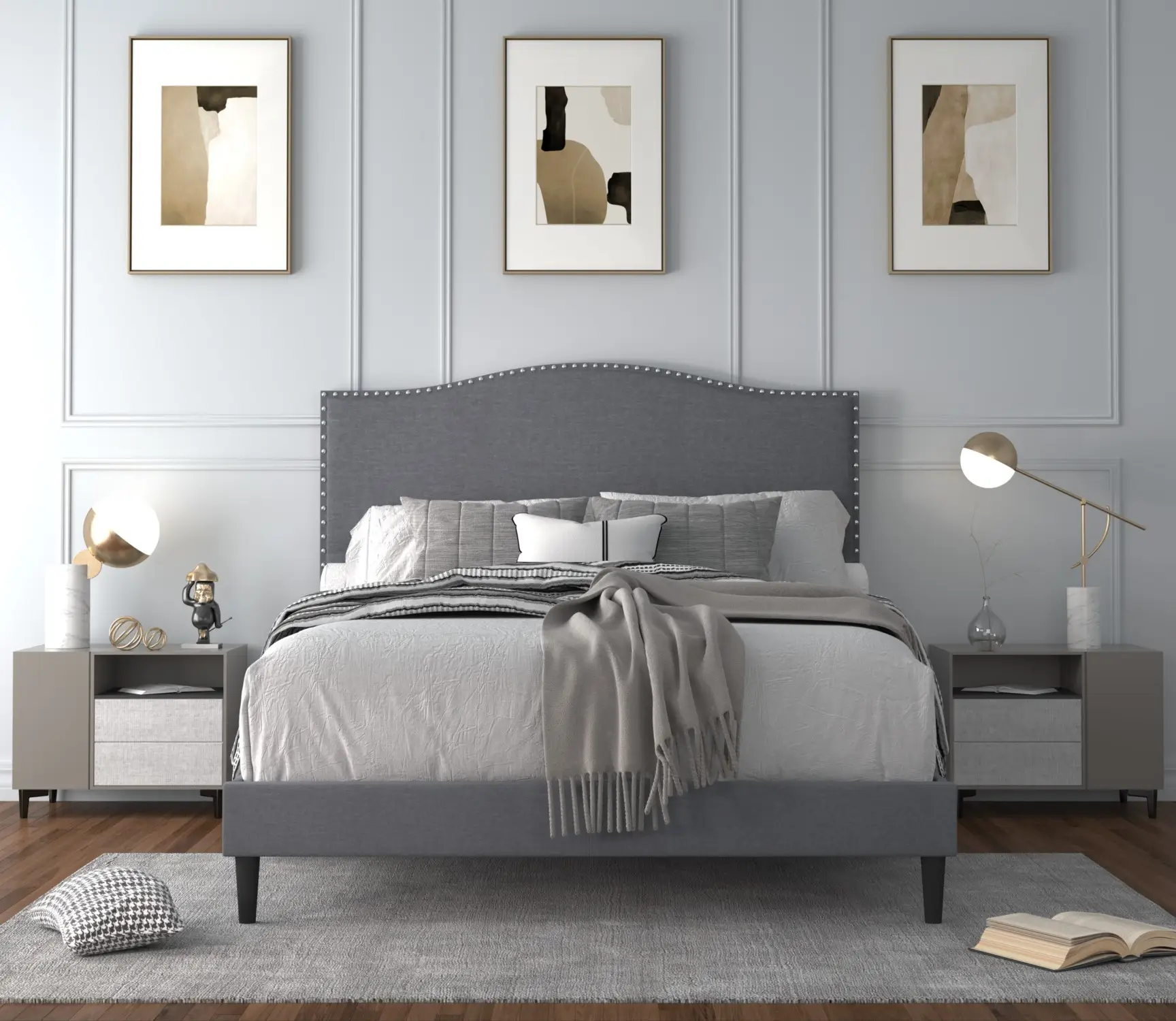 Favorer Manuel Upholstered Platform Bed with Nailhead Trim Design - Available in Multiple Sizes