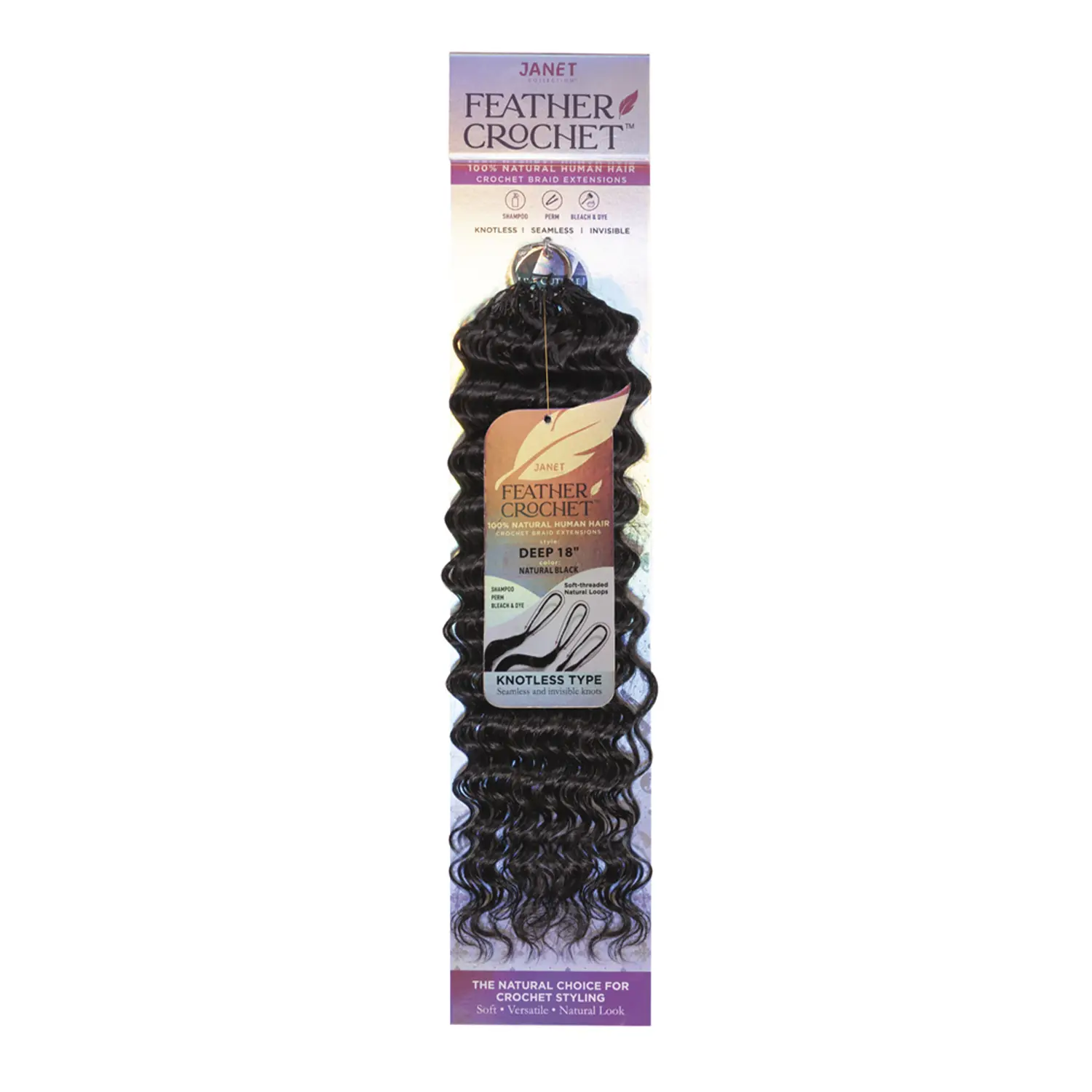 Janet Collection Feather Crochet Braids, 18 Inch Deep Wave Hair Extensions, 15A Raw Virgin Hair, Knotless, 40 Strands, 50g, Dyeable & Permable