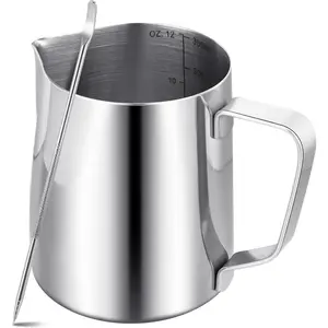 Milk Frothing Pitcher,Milk Steaming Frother Cup,Barista Cappuccino Latte Art Milk Jug with Decorating Pen,Stainless Steel Espresso Coffee Bar Accessories Tools (Silver, 12oz)