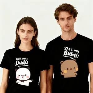 Couple style cartoon bear design T-shirt, Valentine's Day, printed with "He's my Dudu" and "She's my Bubu", creating a unique dressing style, urban street style, suitable for men, women, mothers and friends, couple style, fashionable and loose, youthful a