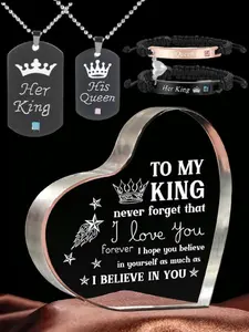 Couple Pendant & Bracelet Set with Personalized 'her King/his Queen' Engraving, Acrylic Heart Ornament, Valentine's Day Gift, Romantic Present