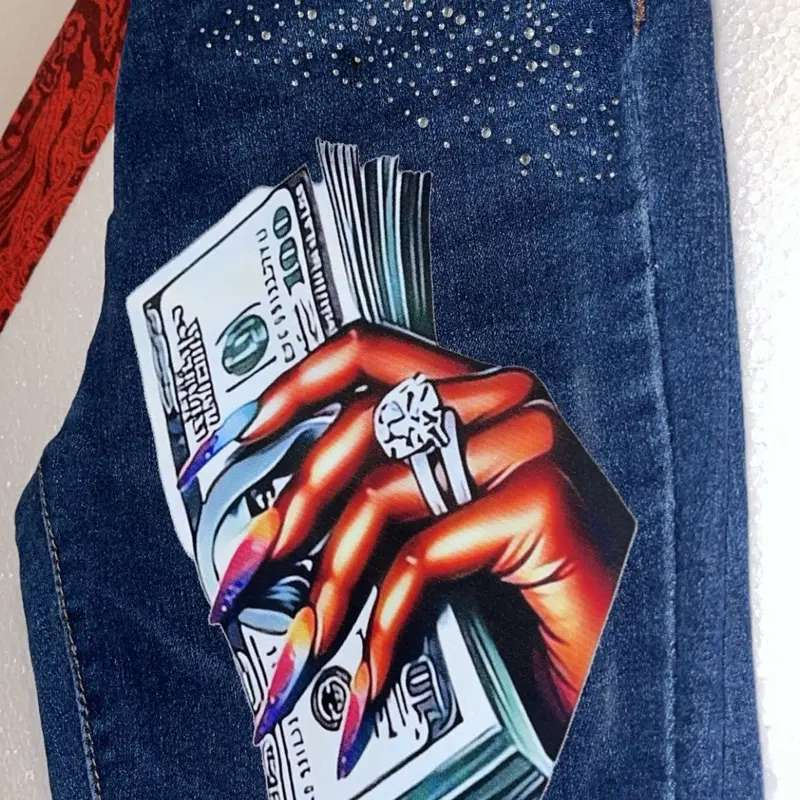Customizable Jeans with Unique Designs Featuring Glittery Sparkles and Bold Artwork for Personal Style yes price can vary depending on what you want.