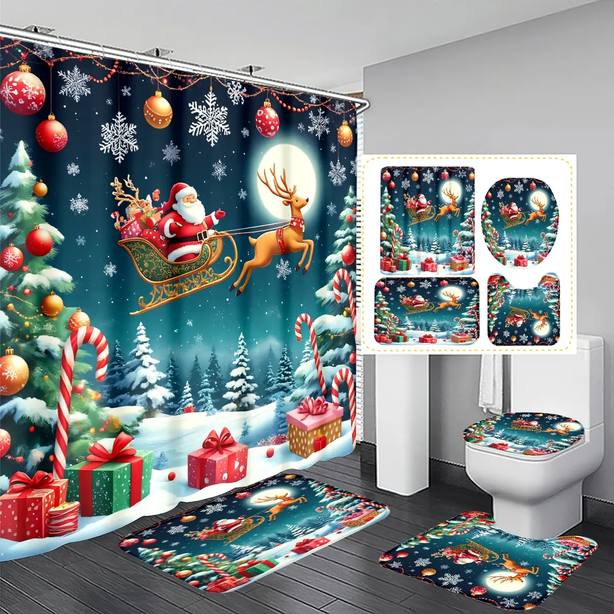 Christmas Bathroom Set, Santa Claus & Tree Pattern Shower Curtain, Includes Hooks, Bath Mat, Toilet Lid Cover, Holiday Decorations