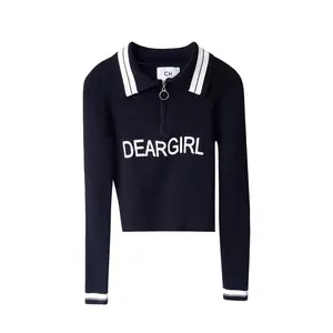 Black and White "Dear Girl" Zip-Up Crop Sweater with Polo Collar, Black Color, Bold Graphic Design, Preppy & Playful Style - Hoodie, Cropped, Fit, Feminine, Jeans, Pullover, Womenswear