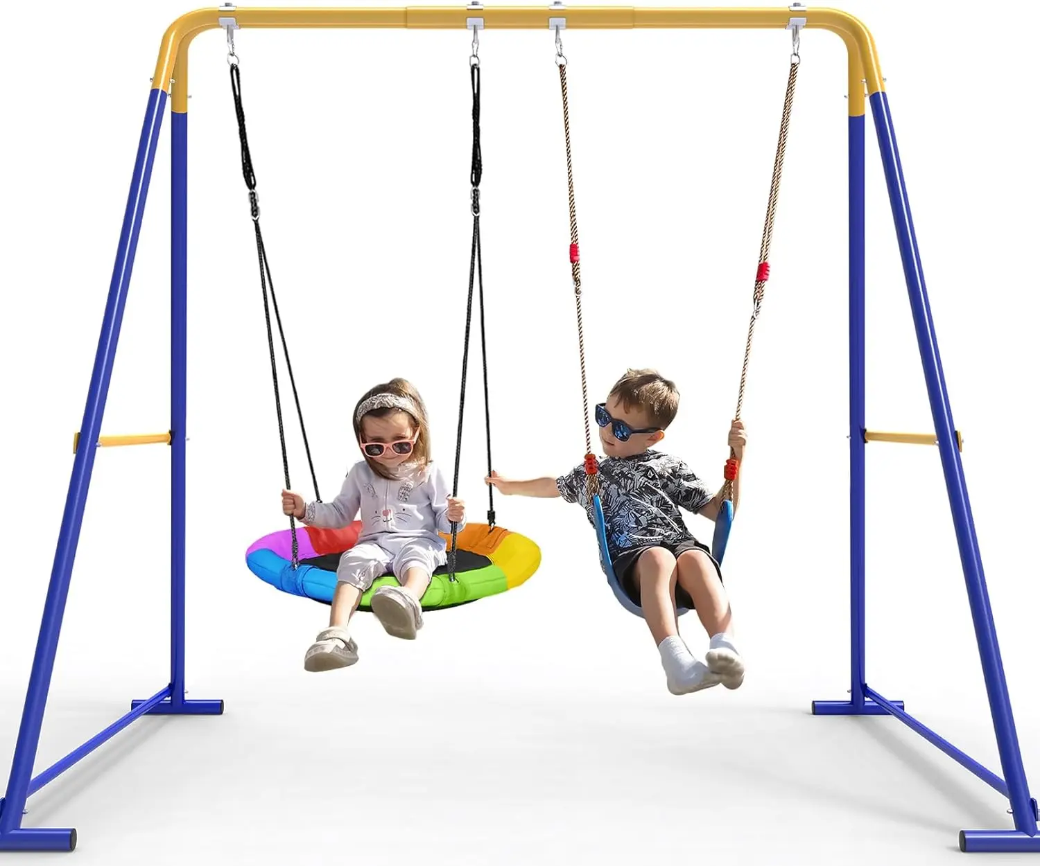 G TALECO GEAR Swing Sets for Backyard，Toddler Swing Set with 2 Seat 1 Saucer & 1 Belt Seat，440lbs Heavy-Duty Swing Frame w/8 Ground Stakes，A Frame Outdoor Swingset for Kids and Adults for Backyard