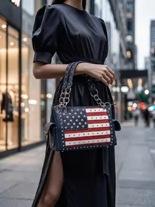 Western Origin American Flag Studded Tote Bag & Matching Wallet Set - Buy Tote Get Wallet Free, Patriotic USA Flag Shoulder Purse Combo, PU Leather with Rhinestone & Star Studs