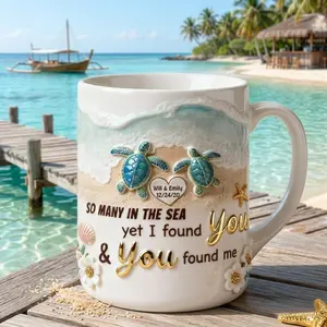 Personalized Sea Turtle Couple Mug, 2D Printed 3D Effect Beach Love Coffee Mug with Custom Names and Date, Romantic Ocean Turtle Mug for Couples and Beach Lovers, Coastal Theme Coffee Cup, Perfect Anniversary Wedding Gift for Husband Wife