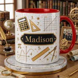 Custom Math Teacher Name Mug, 2D Printed 3D Effect Ceramic Coffee Cup, Gold Calculator Geometry Graph Numbers Design, Personalized Gift for Math Teachers, Students, Professors, Birthday Christmas Gift