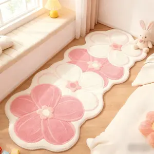 1pc Pink Flower Shape Bedroom Decoration Bedside Rug Cream Style Living Room Bay Window Plush Carpet Fluffy Soft Ins Style Long Strip Carpet Fantasy Purple Gradient Deformed Non-slip Washable Mat Home Decor Rugs Floral Area Rug