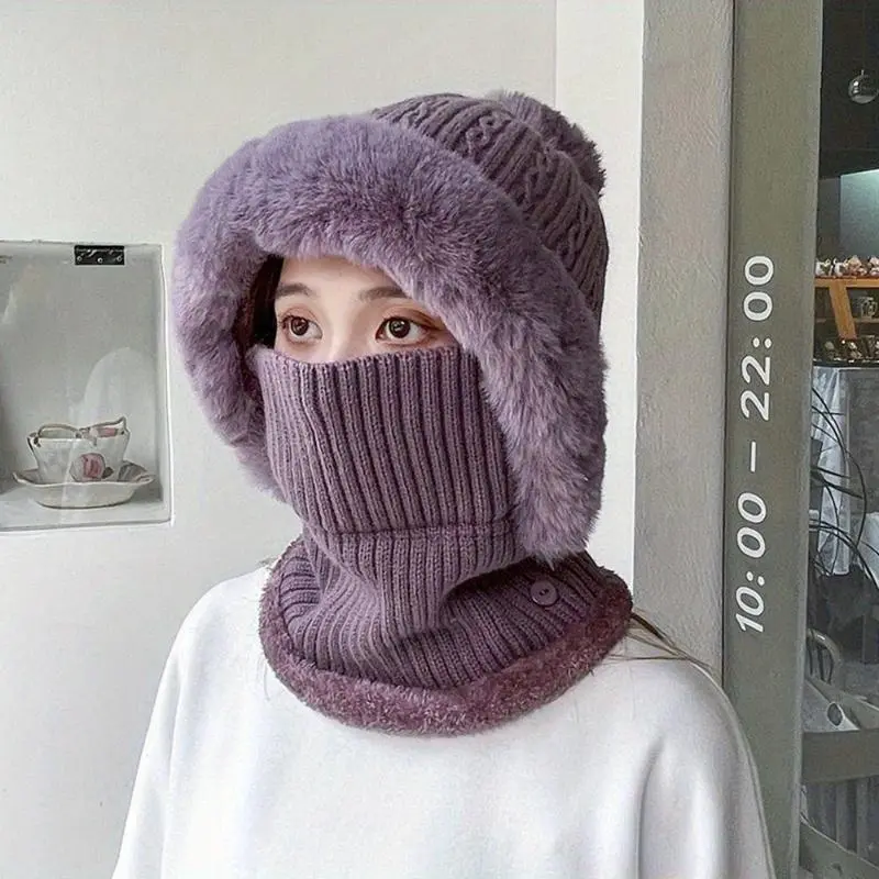 One Piece Beanie Scarf, Plush Stretch Twist Knit Hat with Pom Pom, Neck Protection Outdoor Warm Hooded Scarf for Cycling and Outdoor Activities Soft Surprise