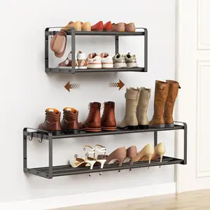 2 Pack Wall Mounted Shoe Rack, 16.9"-31" Expandable Shoe Rack with 4, Premuim Wall Shoe Holder, Saving Shoes Organizer for Closet, Entryway,, Front Door