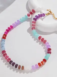 Colorful Crystal Beaded Necklace for Women, Vibrant Beads, Boho Style Chain & Link Jewelry, Summer Vacation Accessory, Stainless Steel Material