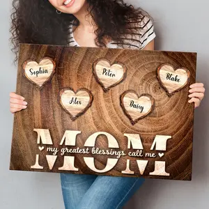 Personalized Customization Canvas with Framed Wall Art Featuring Personalized Family Names, 1pc |   Custom "Mom" And Name Heart Cutout, Rustic Modern Farmhouse Style Wooden Texture Background, Easy-To-Install Hook, Mother'S Day Gift for Mom, Grandma