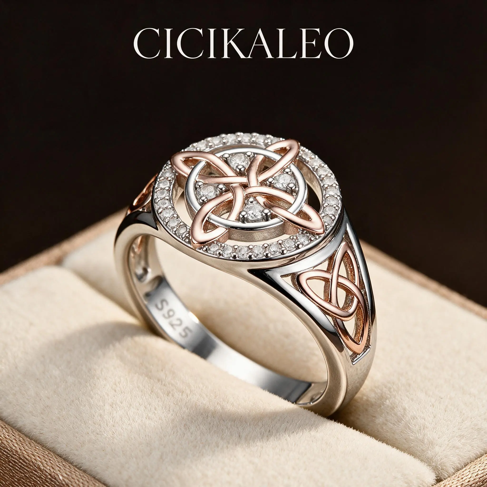 CICIKALEO S925 Sterling Silver Rose Gold Plated Celtic Knot Ring Anillo Nudo de Bruja Plata Original Witch Knot Jewelry, Cubic Zirconia Decorated S925 Witches Knot Ring, Witchtok Witch Jewerly Pagan Jewelry for Devotion for Protection ,